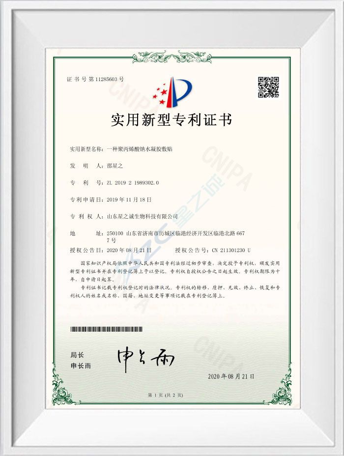 一种聚丙烯酸钠水凝胶敷贴