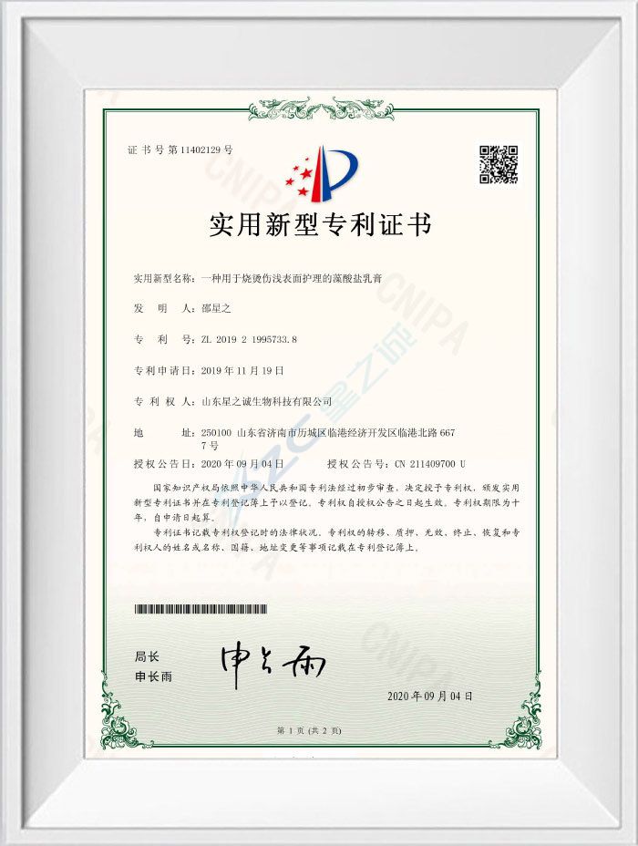一种用于烧烫伤浅表面护理的藻酸盐乳膏